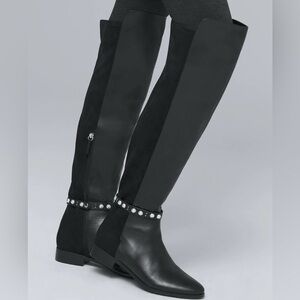 WHBM Faux Pearl-Strap Over-the-Knee Black Boots Size 6